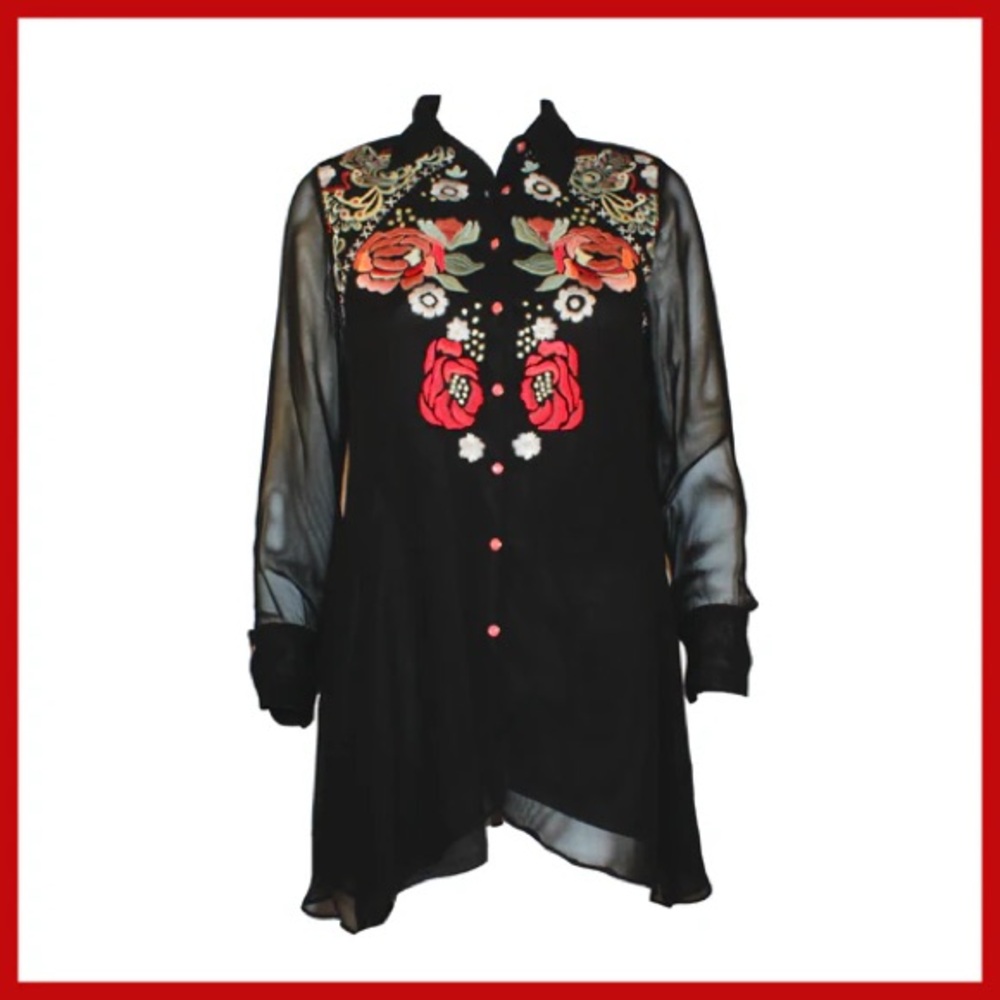 Vintage Collection Mayan Rose Tunic floral embroidery, button front RTL &165 NWT